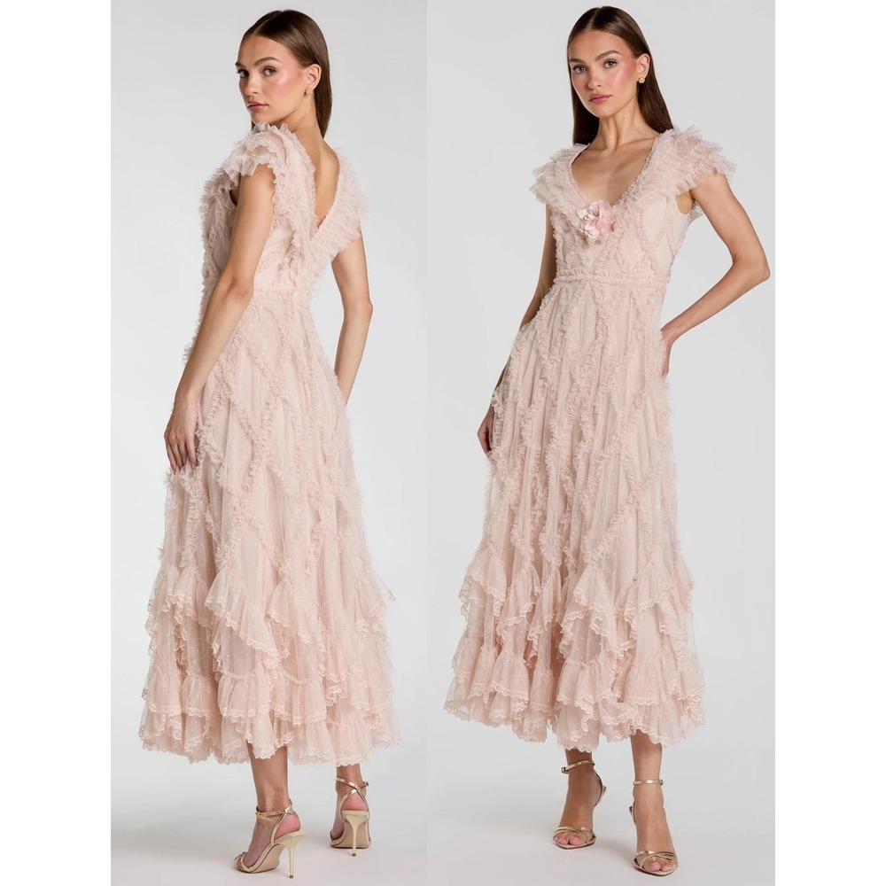 Mac Duggal Pink Micro Ruffle Cap Sleeve A-Line Midi Dress - Size 14